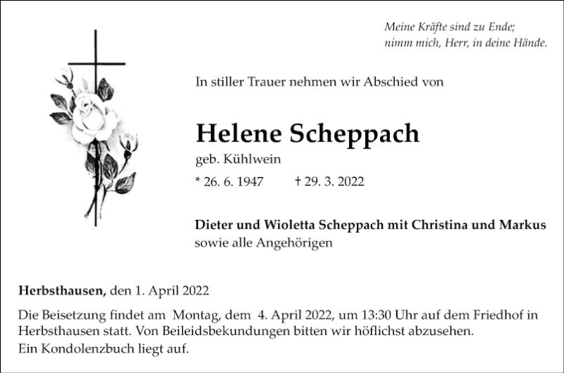  Traueranzeige für Helene Scheppach vom 01.04.2022 aus Fränkische Nachrichten