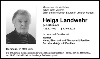 Traueranzeige von Helga Landwehr von Fränkische Nachrichten