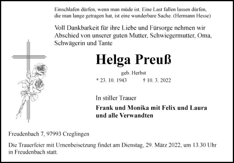  Traueranzeige für Helga Preuß vom 24.03.2022 aus Fränkische Nachrichten