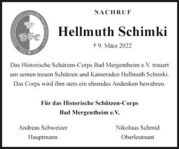 Traueranzeige von Hellmuth Schimki von Fränkische Nachrichten