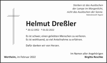 Traueranzeige von Helmut Dreßler von Fränkische Nachrichten