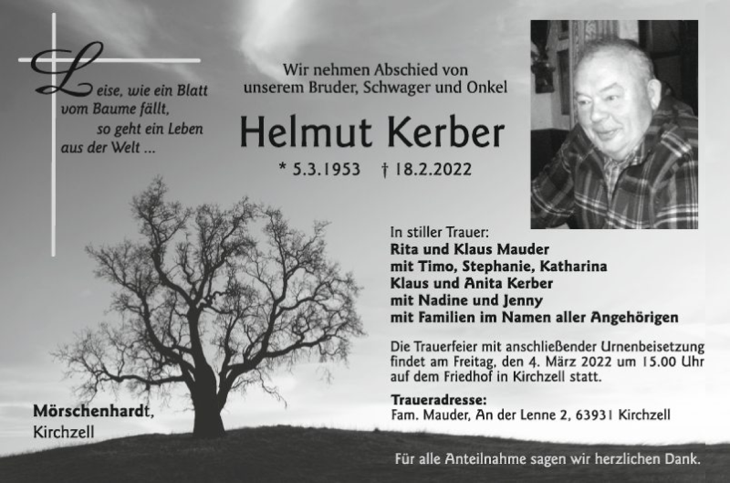  Traueranzeige für Helmut Kerber vom 02.03.2022 aus Fränkische Nachrichten