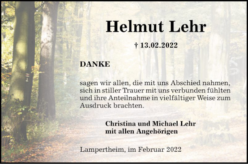  Traueranzeige für Helmut Lehr vom 26.02.2022 aus Mannheimer Morgen