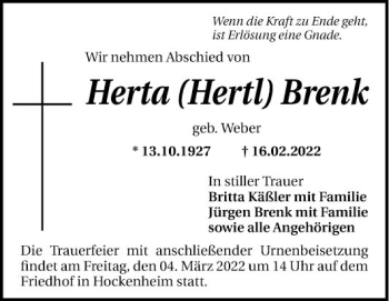Traueranzeige von Herta Brenk von Schwetzinger Zeitung