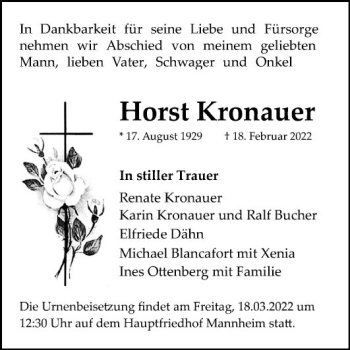 Traueranzeige von Horst Kronauer von Mannheimer Morgen
