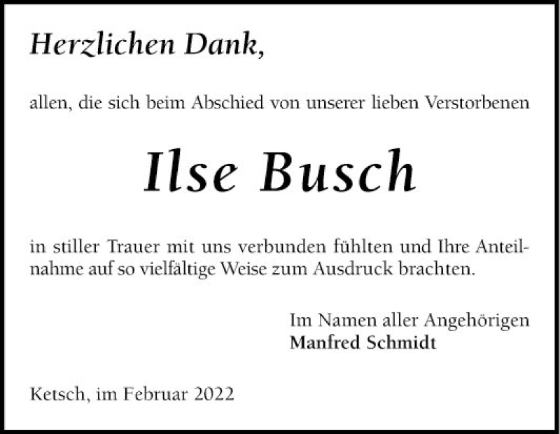  Traueranzeige für Ilse Busch vom 26.02.2022 aus Schwetzinger Zeitung