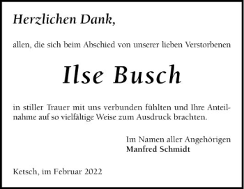 Traueranzeige von Ilse Busch von Schwetzinger Zeitung