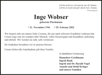 Traueranzeige von Inge Wobser von Fränkische Nachrichten