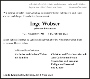 Traueranzeige von Inge Wobser von Fränkische Nachrichten