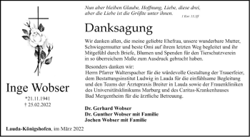 Traueranzeige von Inge Wobser von Fränkische Nachrichten