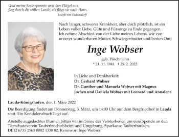 Traueranzeige von Inge Wobser von Fränkische Nachrichten