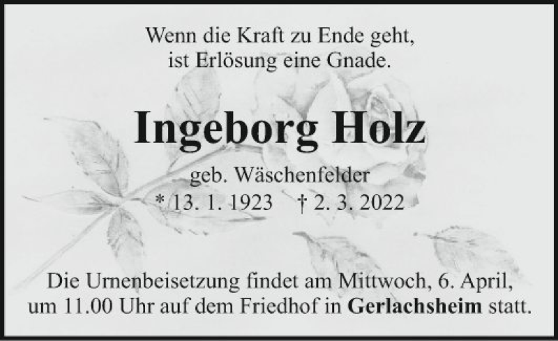  Traueranzeige für Ingeborg Holz vom 31.03.2022 aus Fränkische Nachrichten