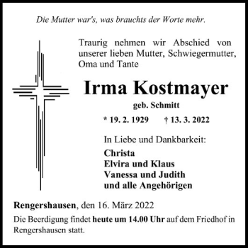 Traueranzeige von Irma Kostmayer von Fränkische Nachrichten