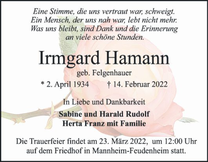  Traueranzeige für Irmgard Hamann vom 12.03.2022 aus Mannheimer Morgen
