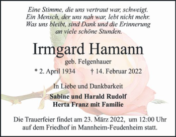 Traueranzeige von Irmgard Hamann von Mannheimer Morgen
