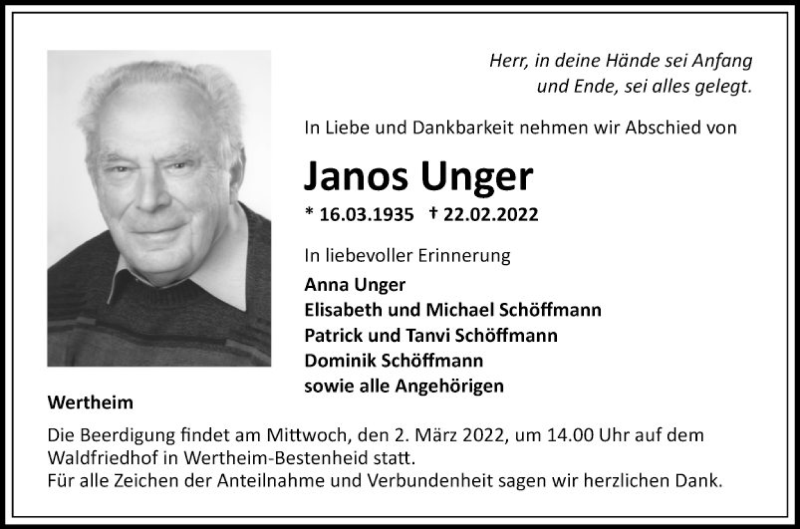  Traueranzeige für Janos Unger vom 26.02.2022 aus Fränkische Nachrichten