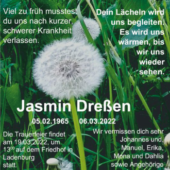 Traueranzeige von Jasmin Dreßen von Mannheimer Morgen