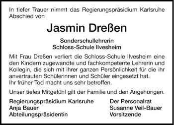 Traueranzeige von Jasmin Dreßen von Mannheimer Morgen