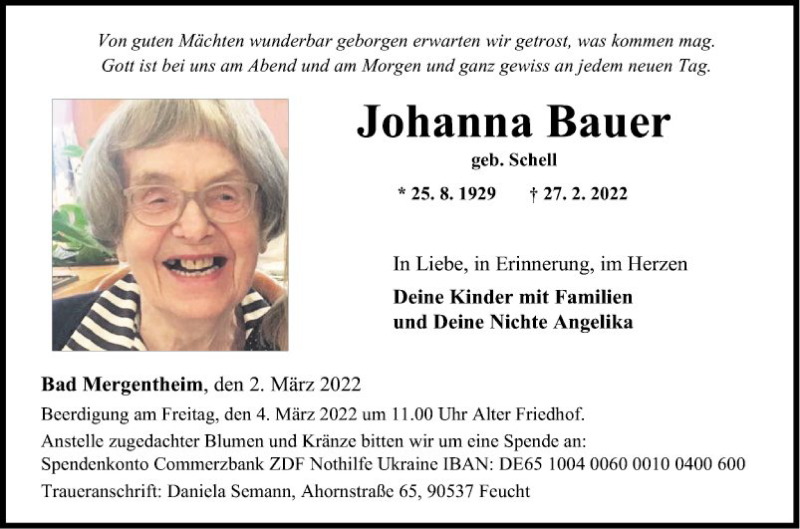  Traueranzeige für Johanna Bauer vom 02.03.2022 aus Fränkische Nachrichten