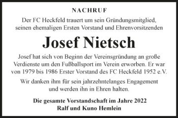 Traueranzeige von Josef Nietsch von Fränkische Nachrichten
