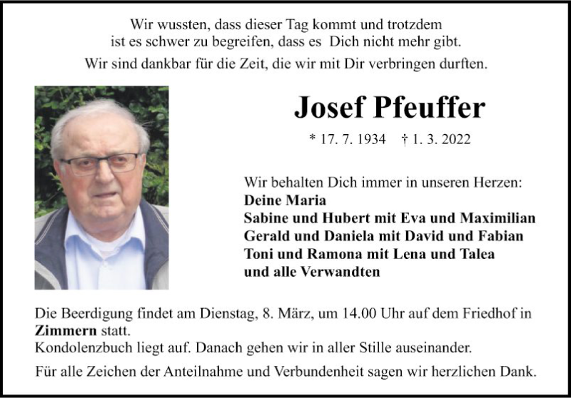  Traueranzeige für Josef Pfeuffer vom 05.03.2022 aus Fränkische Nachrichten