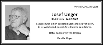 Traueranzeige von Josef Unger von Fränkische Nachrichten