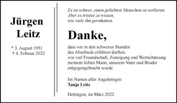 Traueranzeige von Jürgen Leitz von Fränkische Nachrichten