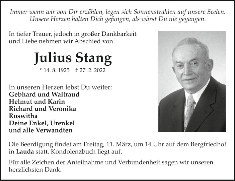  Traueranzeige für Julius Stang vom 05.03.2022 aus Fränkische Nachrichten