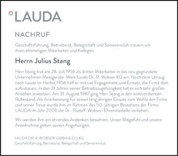 Traueranzeige von Julius Stang von Fränkische Nachrichten