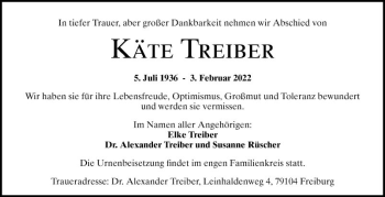 Traueranzeige von Käte Treiber von Schwetzinger Zeitung