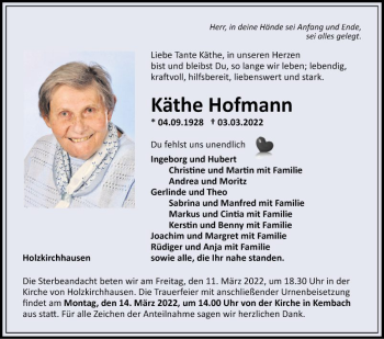 Traueranzeige von Käthe Hofmann von Fränkische Nachrichten