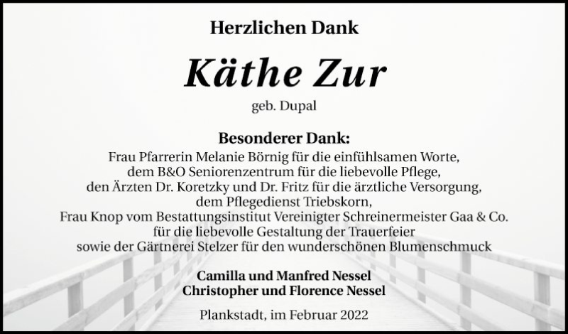 Traueranzeige für Käthe Zur vom 28.02.2022 aus Schwetzinger Zeitung