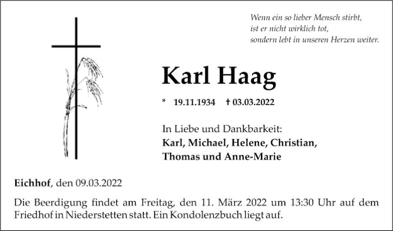  Traueranzeige für Karl Haag vom 09.03.2022 aus Fränkische Nachrichten