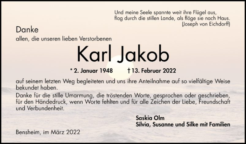  Traueranzeige für Karl Jakob vom 19.03.2022 aus Bergsträßer Anzeiger