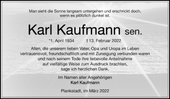 Traueranzeige von Karl Kaufmann von Schwetzinger Zeitung