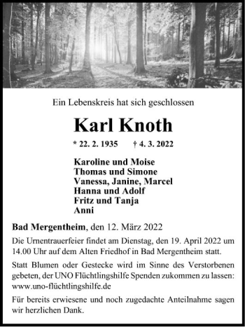 Traueranzeige von Karl Knoth von Fränkische Nachrichten