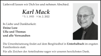 Traueranzeige von Karl Mack von Fränkische Nachrichten
