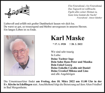 Traueranzeige von Karl Maske von Fränkische Nachrichten