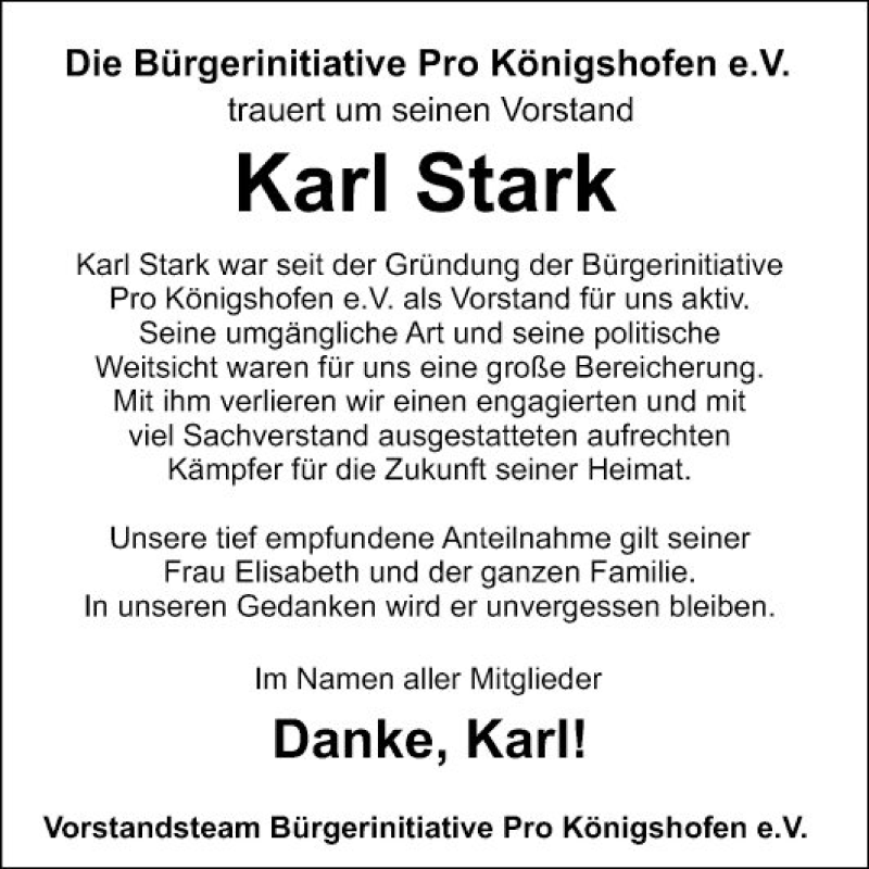 Traueranzeigen von Karl Stark | Trauerportal Ihrer Tageszeitung