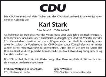 Traueranzeige von Karl Stark von Fränkische Nachrichten