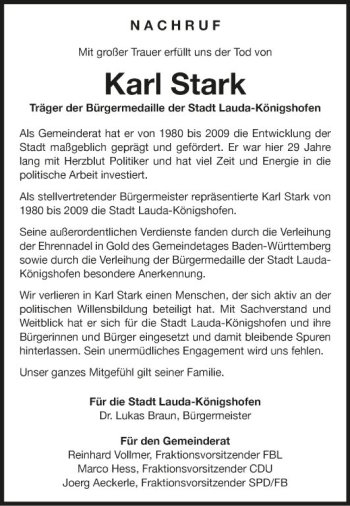 Traueranzeige von Karl Stark von Fränkische Nachrichten