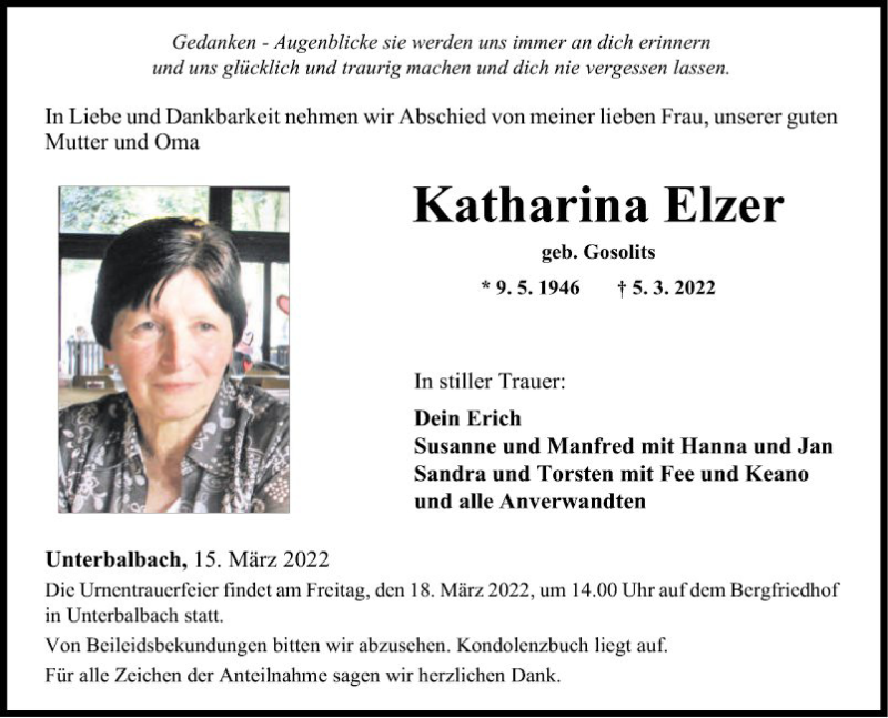  Traueranzeige für Katharina Elzer vom 15.03.2022 aus Fränkische Nachrichten