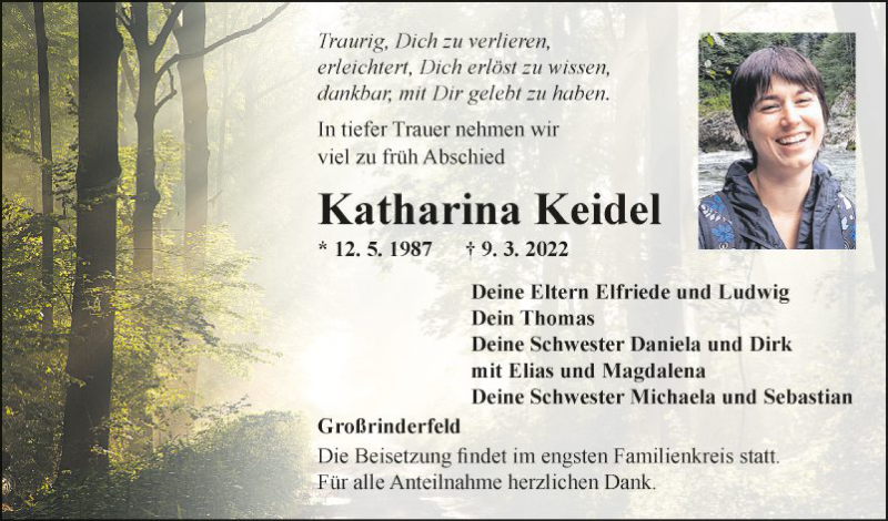  Traueranzeige für Katharina Keidel vom 19.03.2022 aus Fränkische Nachrichten