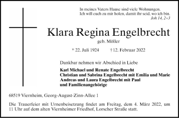 Traueranzeige von Klara Regina Engelbrecht von Mannheimer Morgen
