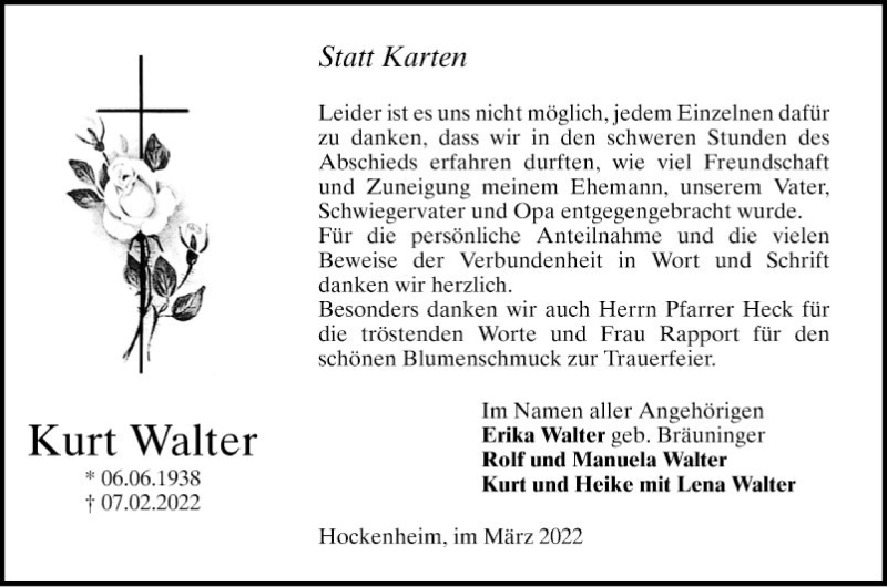 Traueranzeige für Kurt Walter vom 05.03.2022 aus Schwetzinger Zeitung