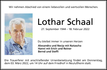 Traueranzeige von Lothar Schaal von Schwetzinger Zeitung