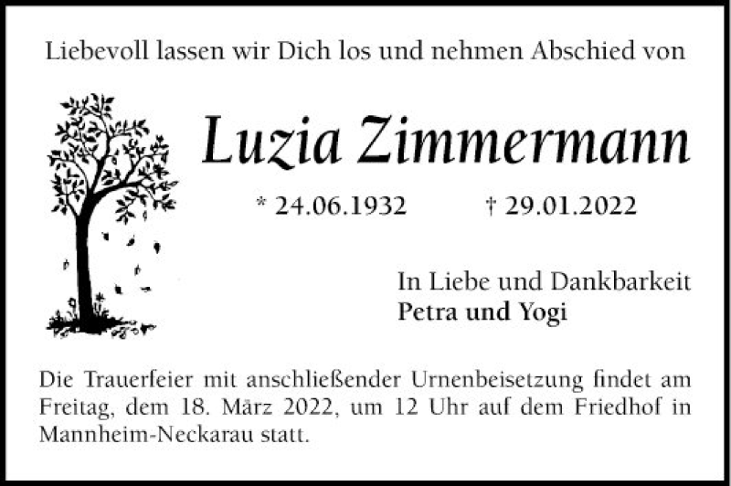  Traueranzeige für Luzia Zimmermann vom 26.02.2022 aus Mannheimer Morgen