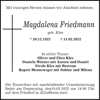Traueranzeige von Magdalena Friedmann von Schwetzinger Zeitung