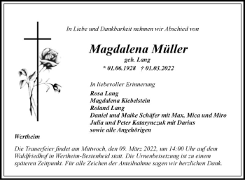 Traueranzeige von Magdalena Müller von Fränkische Nachrichten