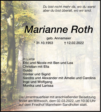 Traueranzeige von Marianne Roth von Mannheimer Morgen